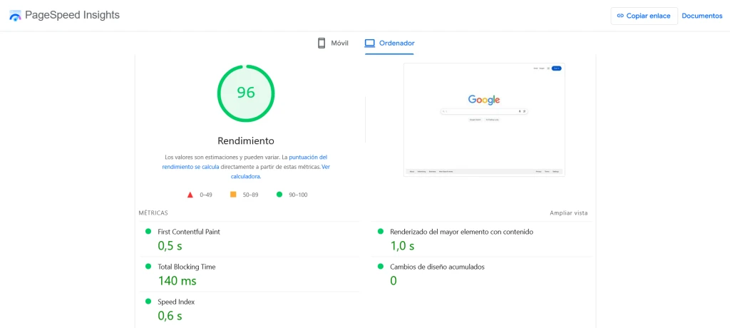 Evaluación de las Métricas web principales - google.com via pagespeed.web.dev
